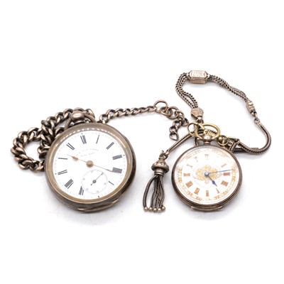 Lot 374 - A white metal open face pocket watch, a white metal fob watch, Albert and Albertine watch chains.