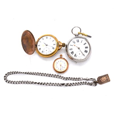 Lot 369 - A yellow metal fob watch, gold-plated pocket watch, silver pocket watch, and Albert watch chain.