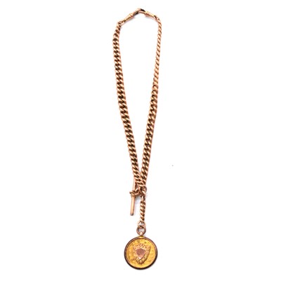 Lot 336 - A rose metal double Albert watch chain and gold fob.