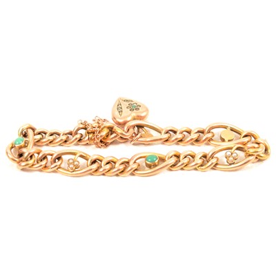 Lot 242 - A yellow metal curb link bracelet set with turquoise and pearls.