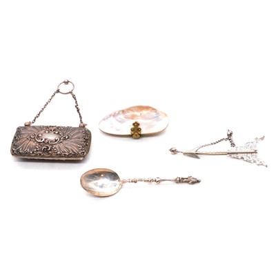 Lot 438 - A silver purse, shell purse, cloak brooch and spoon.