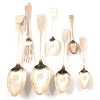 Lot 311 - Set of six Victorian silver Fiddle pattern tablespoons, and other silver flatware