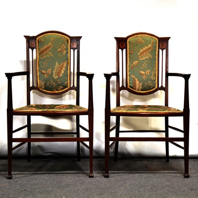 Lot 466 - Pair of English Art Nouveau inlaid mahogany elbow chairs