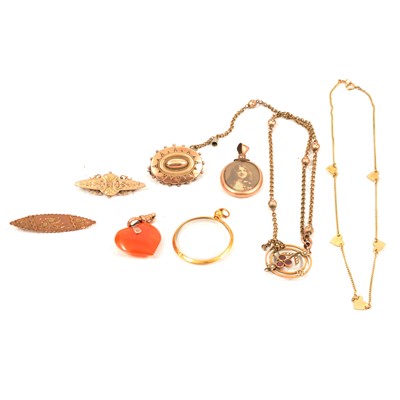 Lot 147 - Two gold brooches, gold-plated brooch, yellow metal necklace and other yellow metal items.