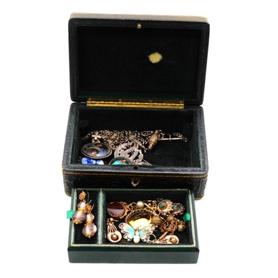 Lot 466 - Yellow metal earrings, metal Albertine watch chain, fobs, brooches and scrap white metal.