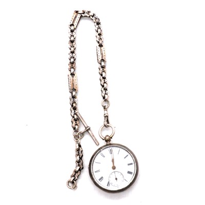 Lot 362 - A silver open face pocket watch and Albert watch chain.