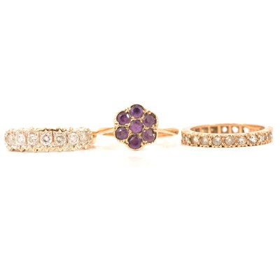 Lot 84 - Three gemset rings, diamond, synthetic spinel and amethyst.