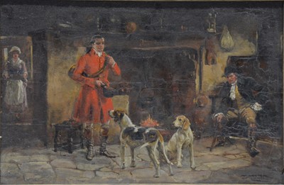 Lot 376 - Thomas Ivester Lloyd, Interior scene with huntsman and dogs.