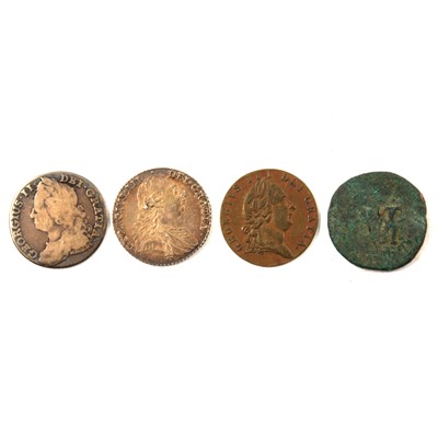 Lot 244 - George II and George III shillings, George III gaming token, and a possible Roman coin.