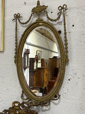 Lot 36 - Early 19th century needlework panel in a gilt frame, mirror, and a brass and onyx candelabra