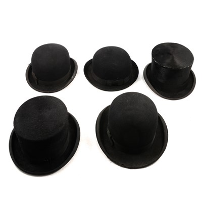 Lot 228 - Five hunting top hats and bowler hats.