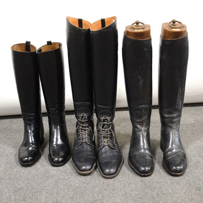 Lot 229 - Maxwell of Dover Street London pair of waxed calf riding boots and two other pairs of vintage boots.