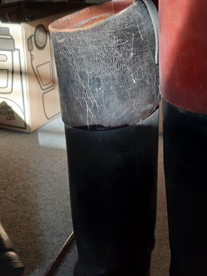 Lot 122 - Three pairs of hunting boots, wooden trees and a hunting crop.