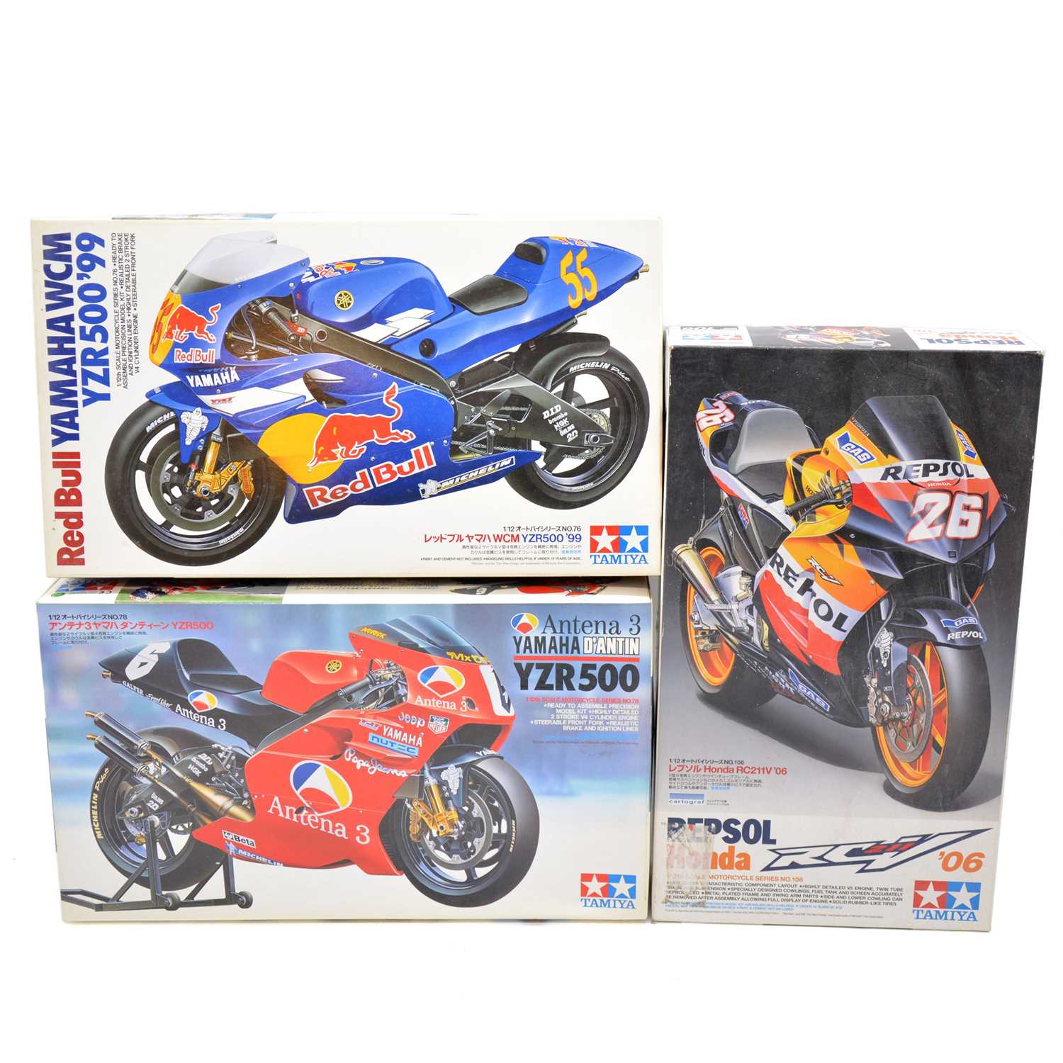 Tamiya Racing Motorcycle Lot 137 - Three Tamiya model motorcycle kits, unbuilt,