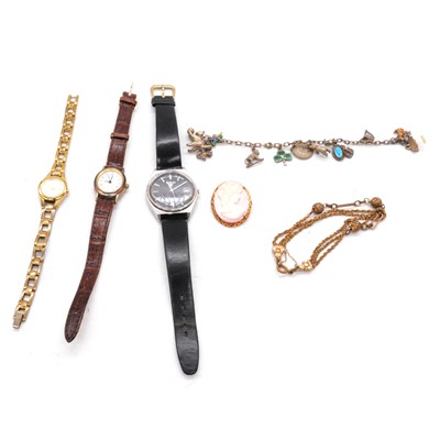 Lot 459 - A silver charm bracelet, Albertine watch chain, brooch, wristwatches and WW2 medal.