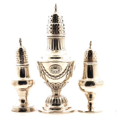 Lot 348 - A silver sugar caster and two silver pepperettes