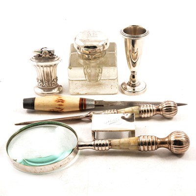 Lot 298 - A silver matchbox holder, inkwell, plated wares, magnifying glass etc