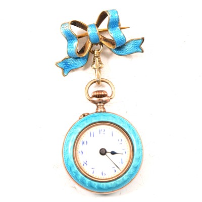 Lot 368 - A small gilt white metal and enamel fob watch and bow.