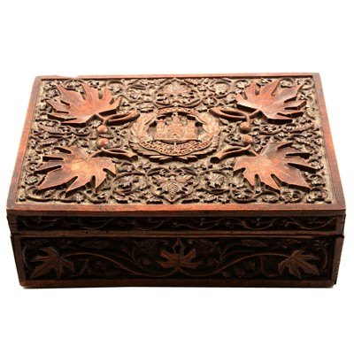 Lot 164 - Northamptonshire Regiment - carved wooden box, framed embroidered crest, George VI sword.