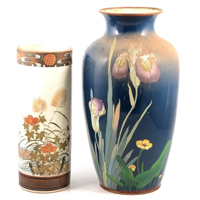 Lot 91 - Large modern cloisonne vase with Irises, a tall cylindrical vase, and a Satsuma vase