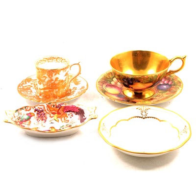 Lot 21 - Royal Worcester painted panel, and Royal Crown Derby and Aynsley cups, saucers, and trinket dish.