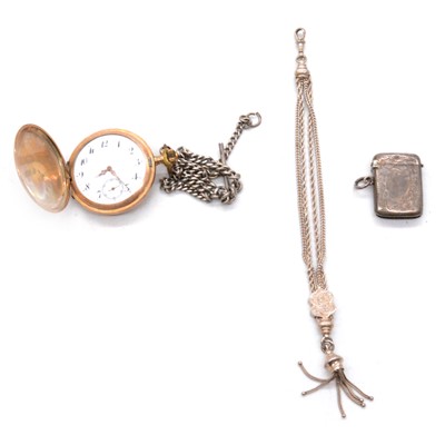 Lot 370 - A gold-plated full hunter pocket watch, silver and white metal watch chains, and a vesta.