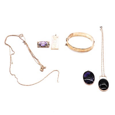 Lot 434 - A silver ingot, Blue John pendant, amethyst brooch, silver bangle, black onyx pendant.