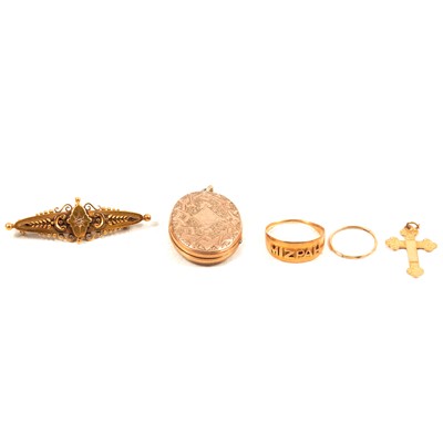 Lot 145 - A Victorian bar brooch, Mizpah ring, cross and locket, and sleeper earring.