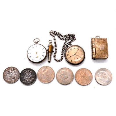 Lot 373 - Two silver open face pocket watches, silver Albert, metal vesta/stamp case, Victorian and other crowns.