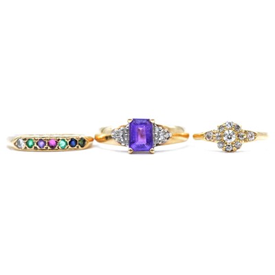 Lot 87 - Three gemset rings, diamond, amethyst and diamond, multi-gemstone.