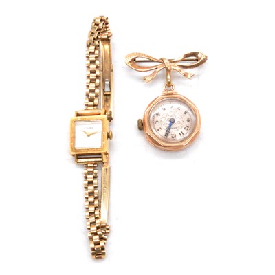 Lot 423 - A lady's yellow metal vintage bracelet wristwatch and a 9 carat gold fob watch and bow brooch.