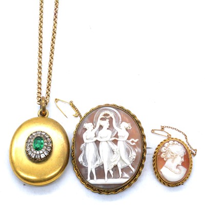 Lot 170 - Two cameo brooches, oval metal locket and 9 carat gold chain.