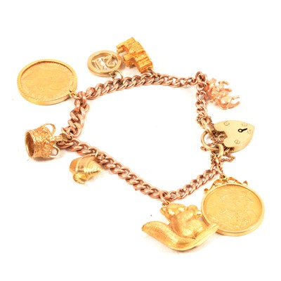 Lot 237 - A gold charm bracelet with  charms and two Gold Full Sovereign Coins.