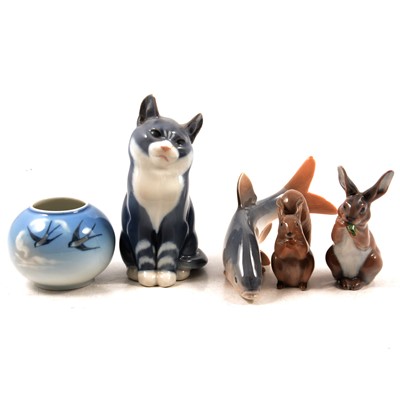 Lot 16 - Eight Royal Copenhagen animal figurines and two small vases.