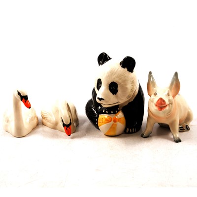 Lot 28 - Beswick Panda with Ball, Seated Pig and two Swans.