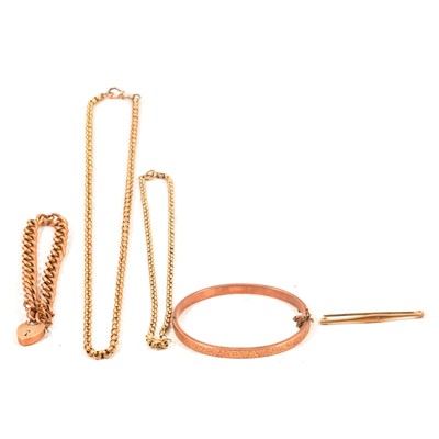 Lot 160 - A curb link bracelet, two belcher link chains, 9 carat rose gold bangle, bar brooch with metal pin.