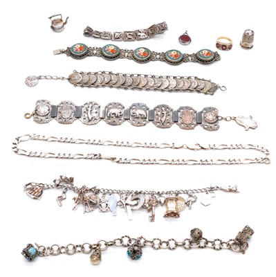 Lot 468 - Silver charm bracelets and charms, ring, chains, Indian jewellery, micro mosaic bracelet.