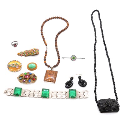 Lot 464A - Costume jewellery coloured paste brooches, jet style necklace and earrings.