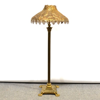 Lot 476 - Brass standard lamp with pierced metal shade