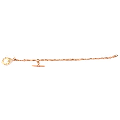 Lot 339 - A rose metal Albert watch chain with 9 carat yellow gold Dunedin Football Cup fob.