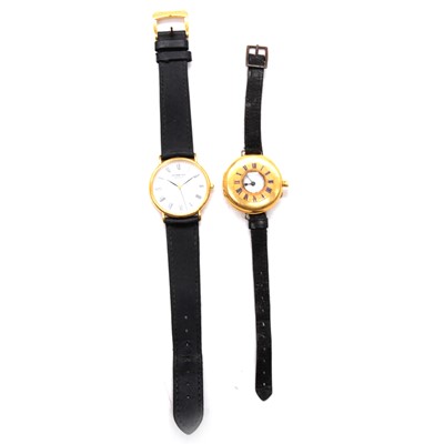 Lot 396 - A yellow metal fob watch converted to a wristwatch and a Raymond Weil 18K electroplated wristwatch.