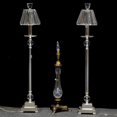 Lot 450 - Pair of modern glass and chrome table lamps, and another lamp base.