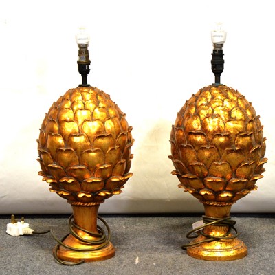 Lot 470 - Pair of gilt composite Pineapple form lamp bases