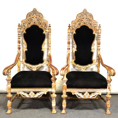 Lot 519 - Pair of painted and gilt carved high-backed armchairs