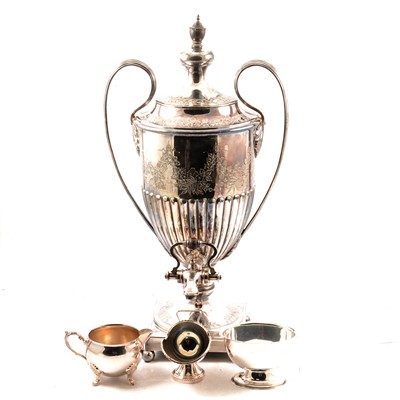 Lot 188 - A Walker & Hall silver plated tea urn, plated milk and sugar, etc, silver spoon and pusher set.