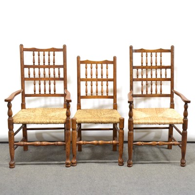 Lot 445 - Set of four Haselbech oak spindle back dining chairs, and a similar smaller chair