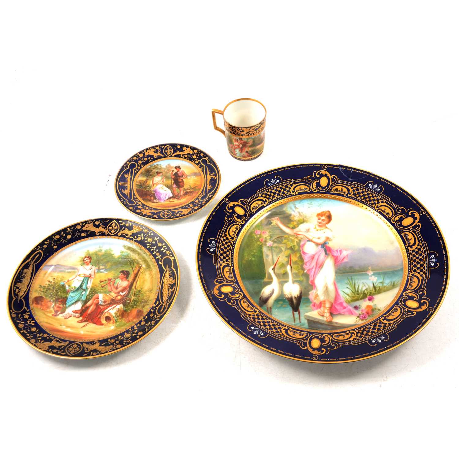 Lot 12 - Pair of Royal Vienna decorative trios, and a hand-painted cabinet plate