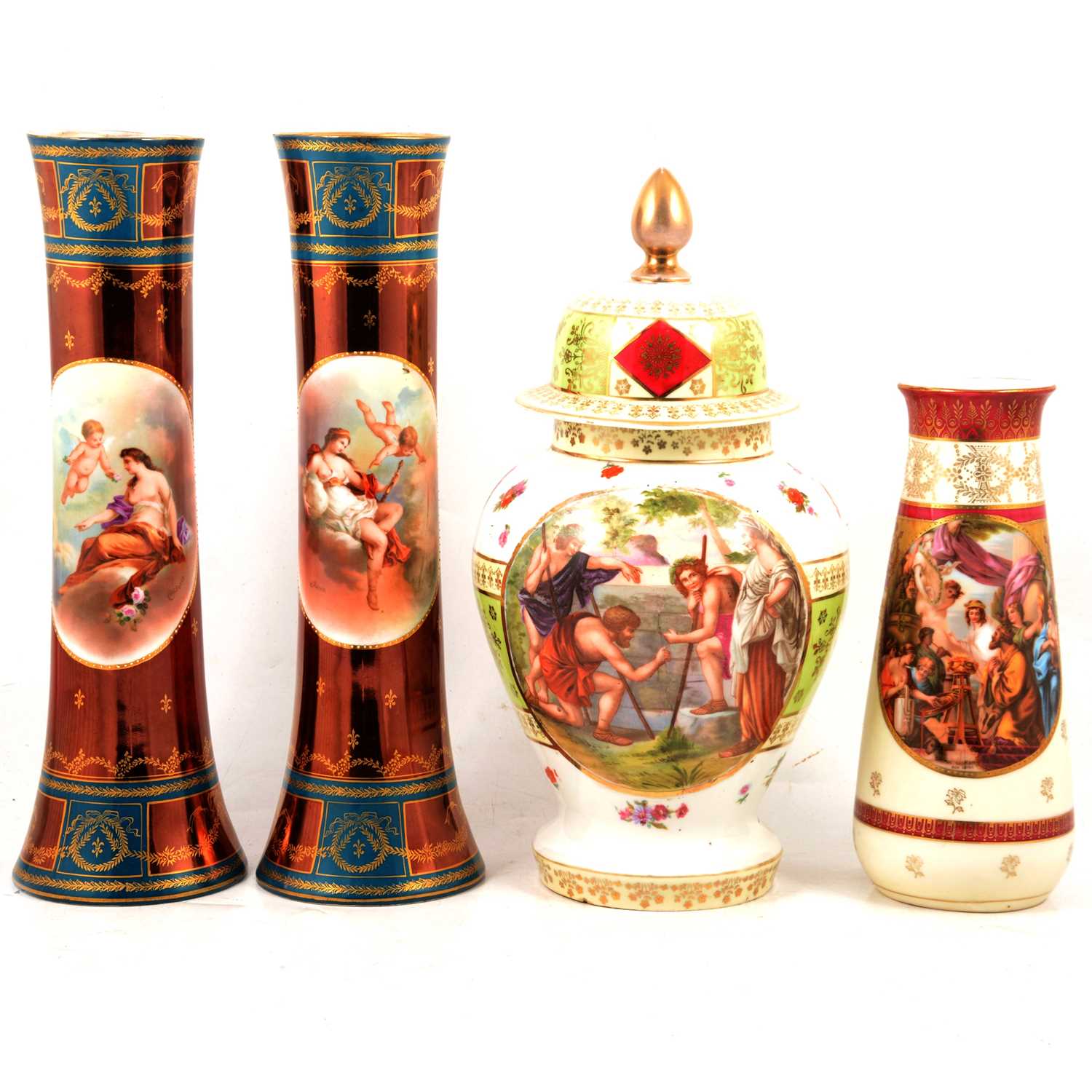 Lot 18 - Pair of Royal Vienna vases, a covered vase, and another vase
