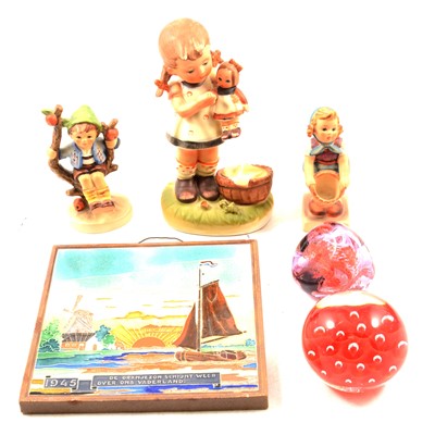 Lot 42 - One box of Caithness and other paperweights, Goebel figurines, Swedish pin dishes and Dutch tiles.