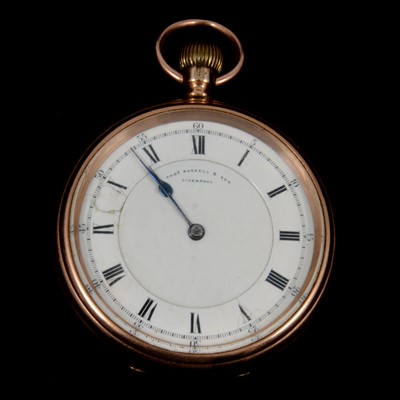 Lot 357 - Tho's Russell & Son - a 9 carat yellow gold open face pocket watch.